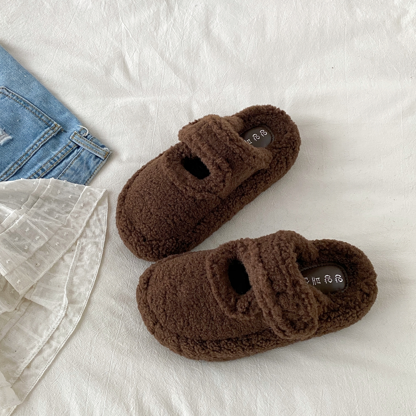 复古棕色羊羔毛包头棉拖鞋勃肯鞋