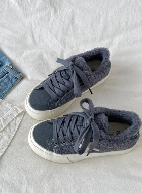 喜叔 灰色厚底加绒星星鞋女款冬季保暖毛毛板鞋休闲二棉鞋德训鞋