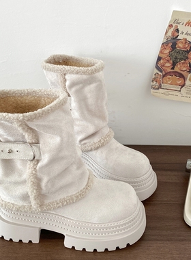 喜叔白色复古厚底加绒裤管靴女款冬季保暖加厚雪地靴东北毛毛棉鞋