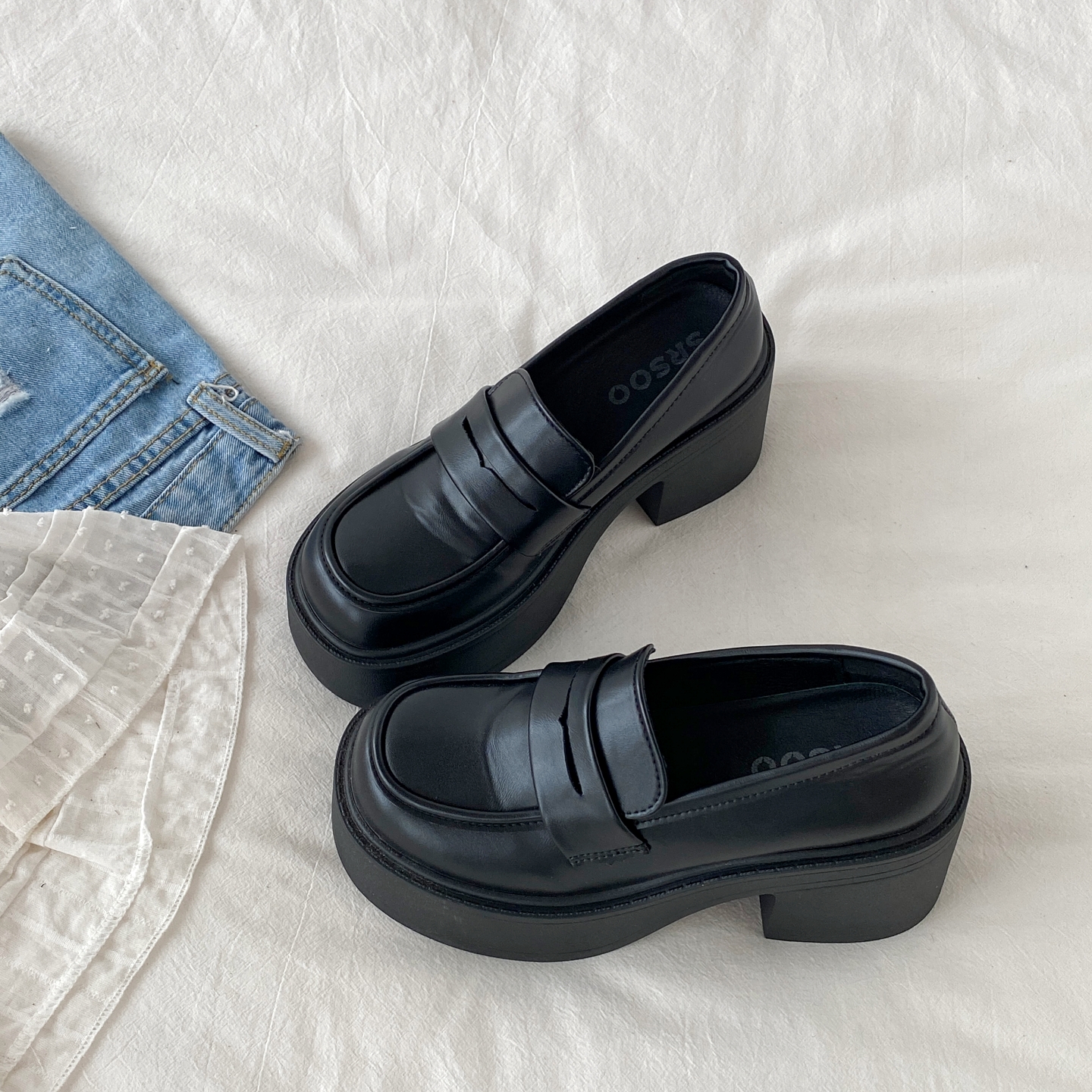 英伦风黑色厚底小皮鞋高跟乐福鞋