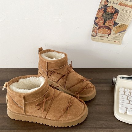喜叔小众蝴蝶结厚底雪地靴女2025冬季新款复古加绒保暖棉鞋短靴子