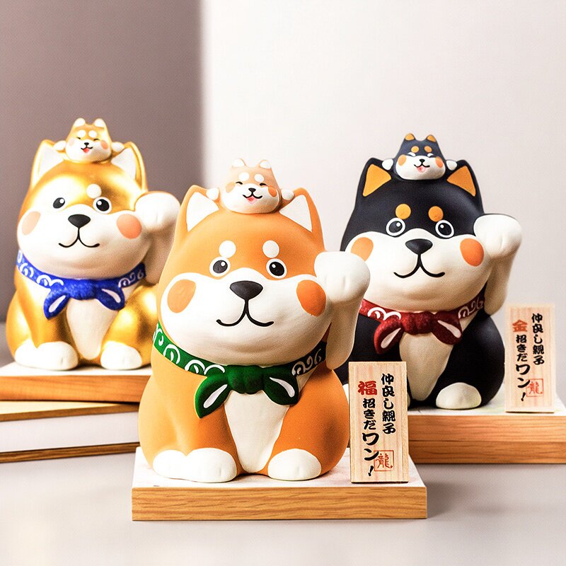 日本进口柴犬陶瓷摆件 卡通旺财狗存钱罐开业生日送礼 龙虎作Rzx