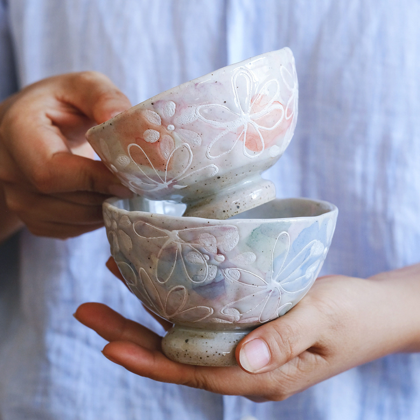 濑户烧 粉引彩花碗杯 手工高脚甜品碗小众餐具手绘樱花粗陶水杯