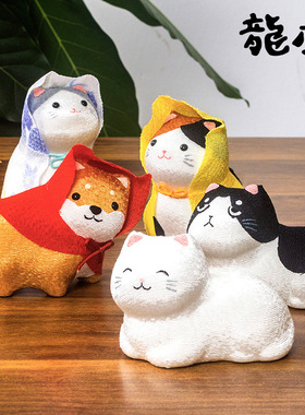 日本进口龙虎作 绢布陶瓷 柴犬猫咪创意摆件车载可爱猫咪生日礼物