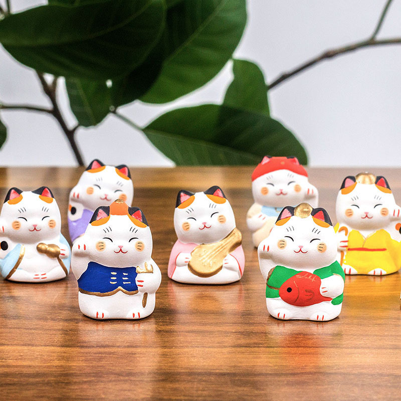 日本药师窑七福神招财猫摆件生日开业乔迁礼物车载桌面装饰摆件