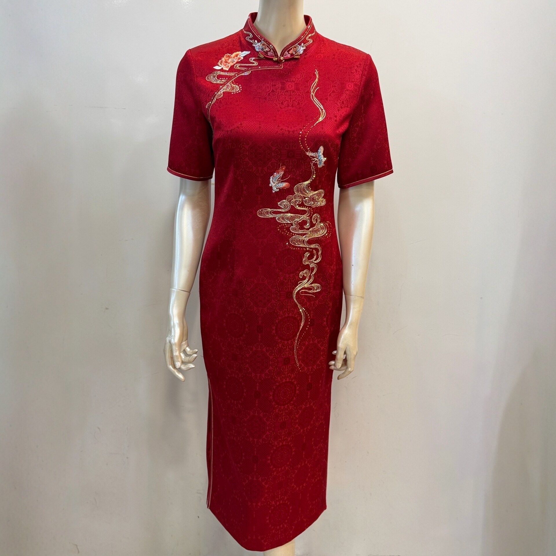高贵刺绣喜服新中式醋酸缎改良旗袍喜妈妈婚宴装礼服喜婆婆连衣裙