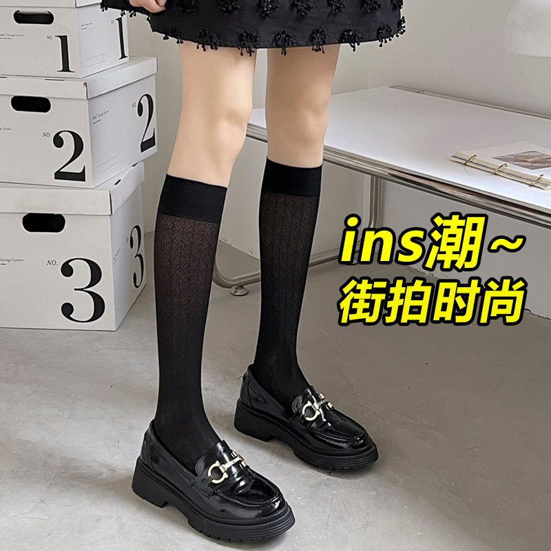 黑色袜子女中长筒半截高桶花纹小腿丝袜春秋夏季薄款配皮鞋乐福鞋