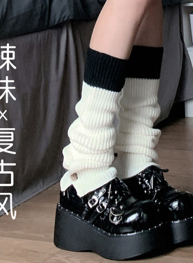 黑色撞色纽扣袜套女春秋毛线针织护小腿脚套日系少女学生大童可爱