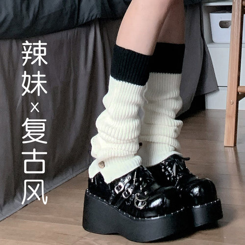 黑色撞色纽扣袜套日系少女可爱