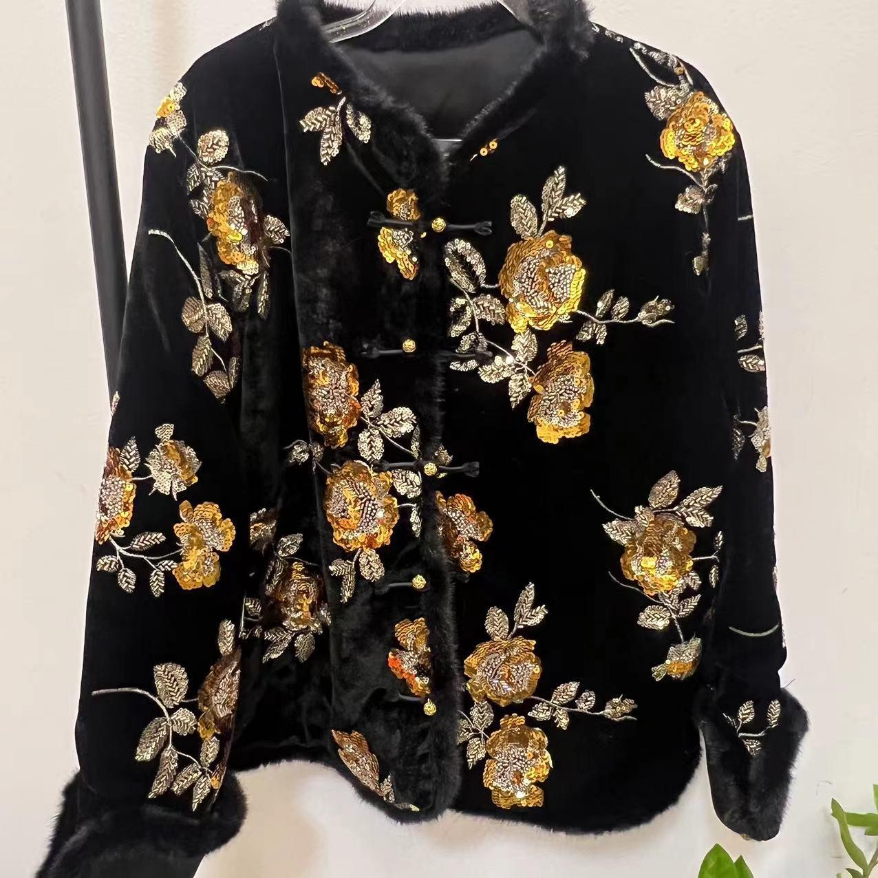 新中式国风水貂重工百搭女2024秋冬新款复古丝绒加厚棉服上衣气质