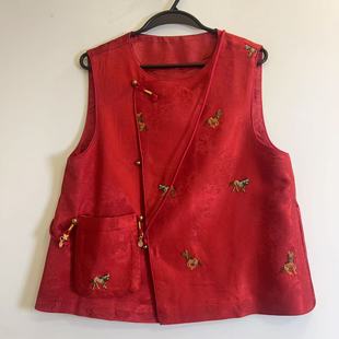 2026春季新款新中式红色骏马刺绣马甲无袖斜襟盘扣坎肩本命年国风