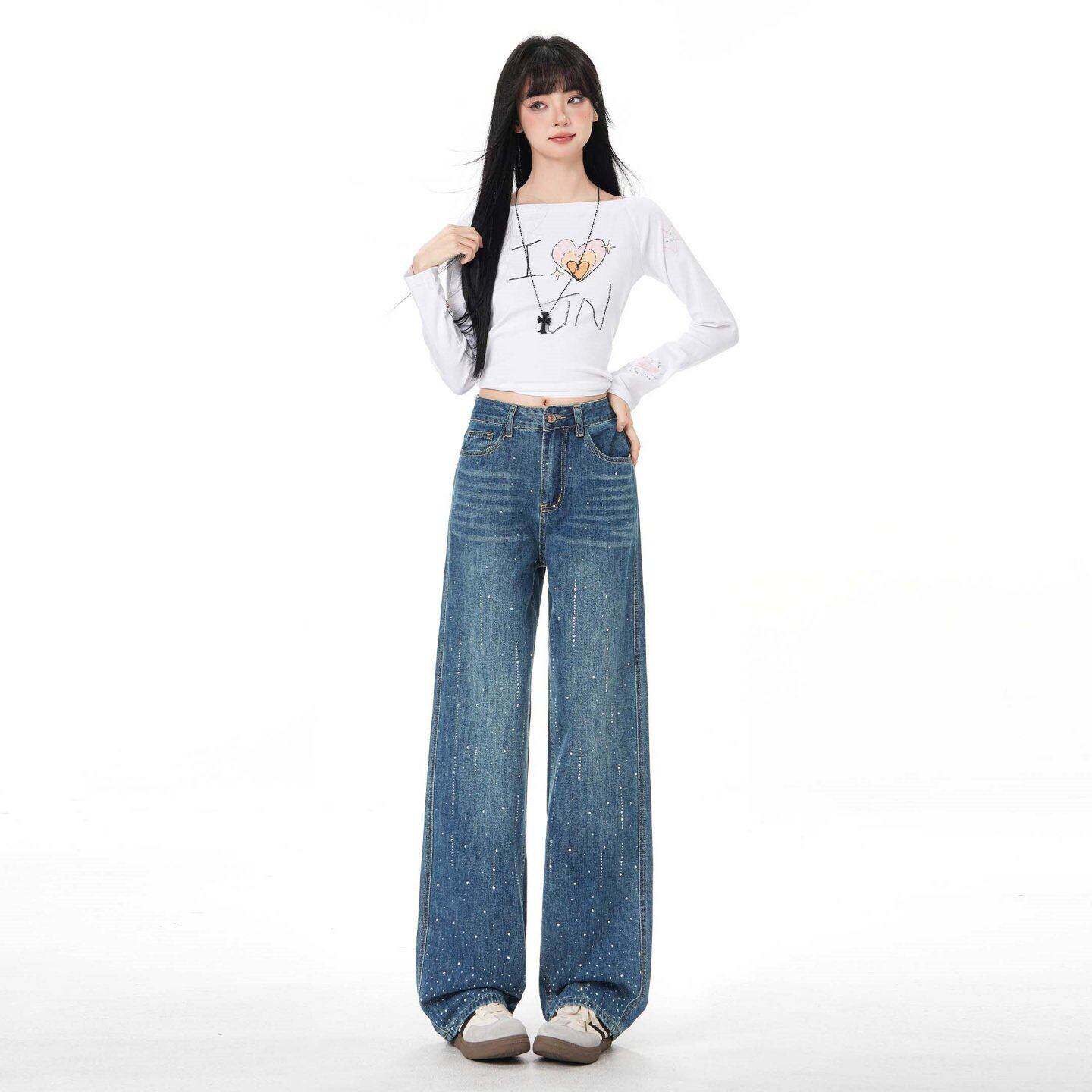 满天星烫钻阔腿牛仔裤女春秋冬季高腰垂感窄版浅色直筒裤