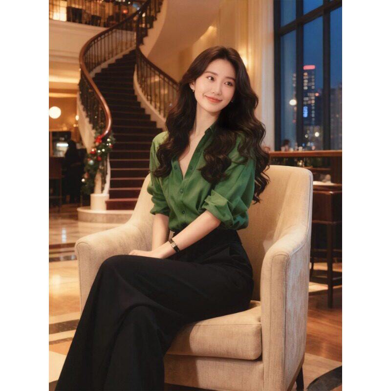 早春穿搭上班职业通勤气质女神范高端绿色衬衫半身裙两件式套装女