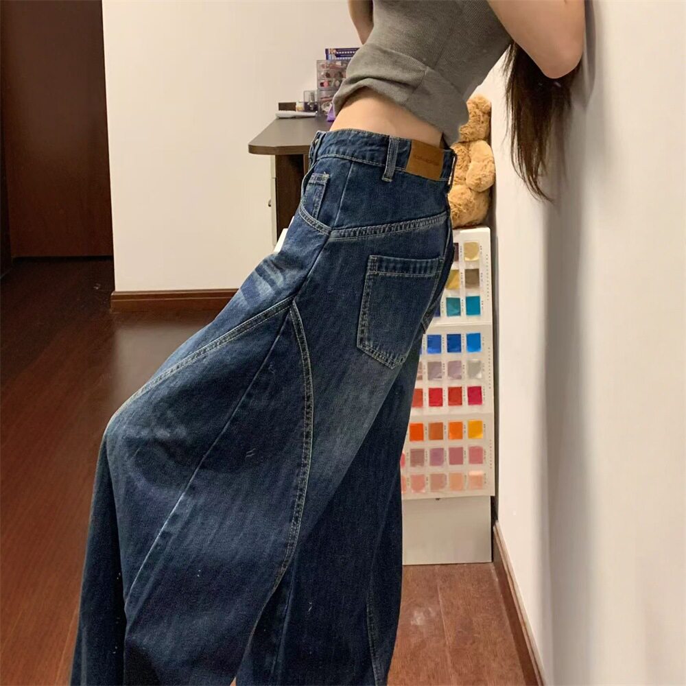 深蓝色复古弯刀牛仔裤女春秋20牛仔裤
