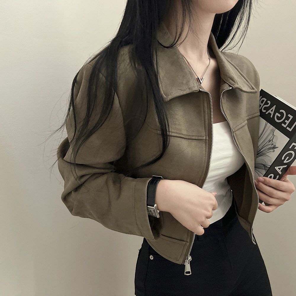 韩国chic秋季复古帅气正肩夹克外套女翻领拉链式长袖皮绒短款外套