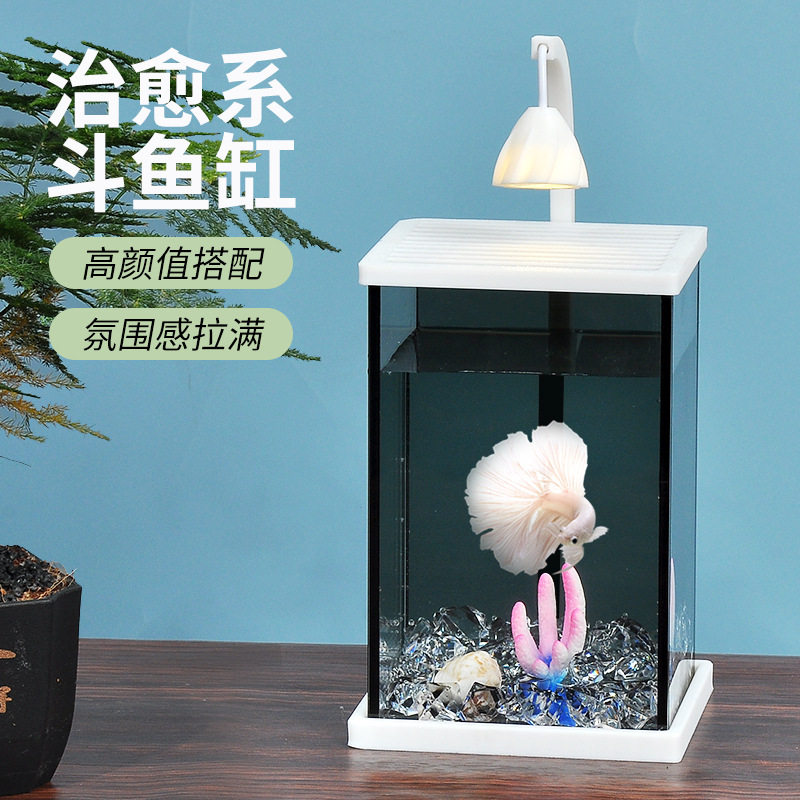 喜莱卡小型网红桌面黑波斗鱼缸创意造景玻璃缸观赏小夜灯装饰生态