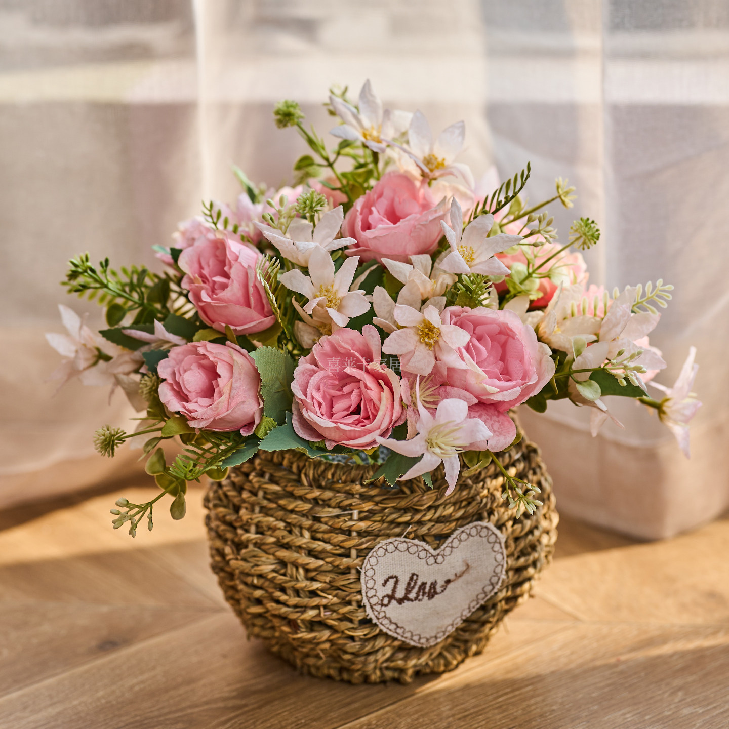 田园风编织圆筐花篮假花仿真花摆设客厅花摆件餐桌花摆花插花家居
