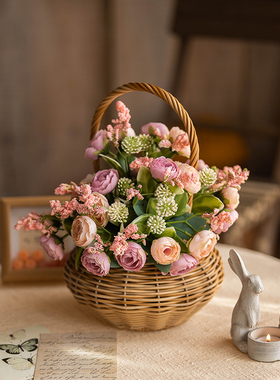 喜莱卡藤篮花藤编提篮仿真花束假花客厅餐桌装饰摆件插花束装饰品