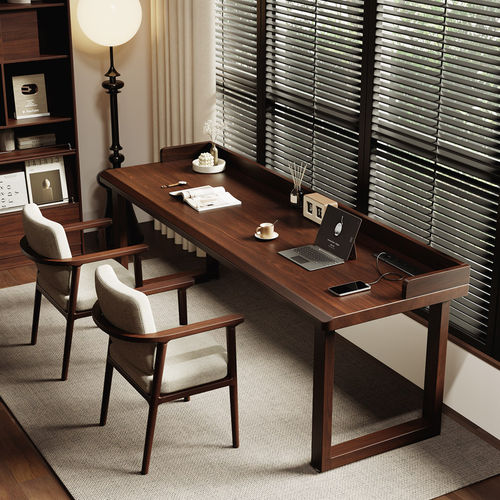 中古风实木双人书桌带挡板家用办公长条工作台卧室书房写字电脑桌