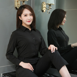胖MM弹力黑色衬衫女工装长袖衬衣修身显瘦加肥加大码工作服200斤