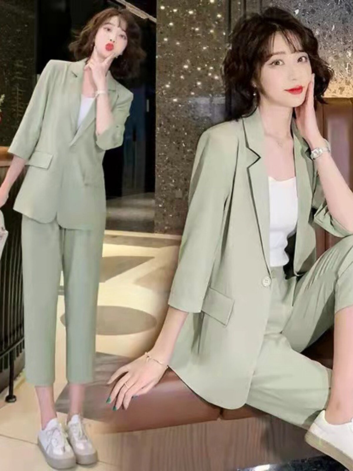 대형 정장 재킷 여성 2024 여름 얇은 패션 정장 지방 MM 비즈니스 정장 작은 다리 바지 투피스 세트