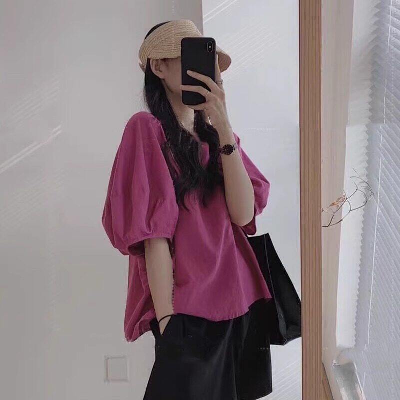 潮牌小个子火龙果色短袖衬衫女独特漂亮小衫法式高级感泡泡袖上衣