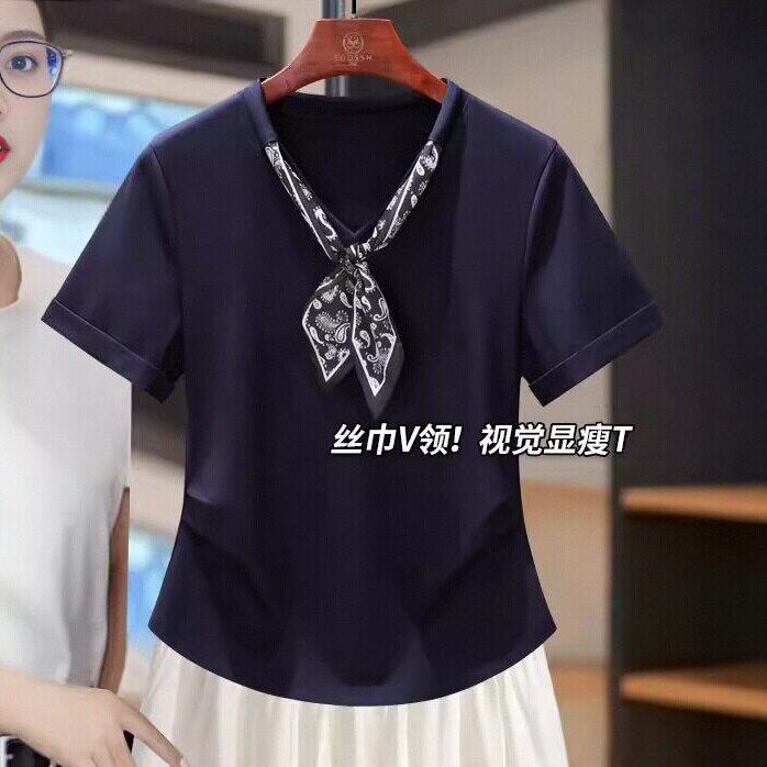 潮牌时尚轻熟风丝巾V领短袖女t恤新款设计感小众气质卡腰显瘦上衣