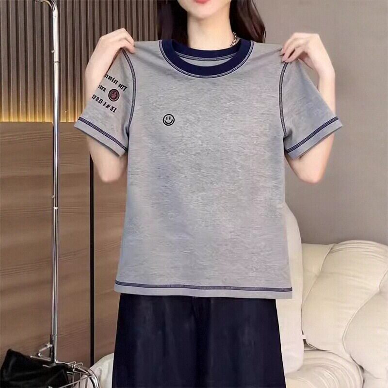 潮牌简约夏季新品大码圆领短袖T恤灰色明线拼色笑脸印花显瘦上衣