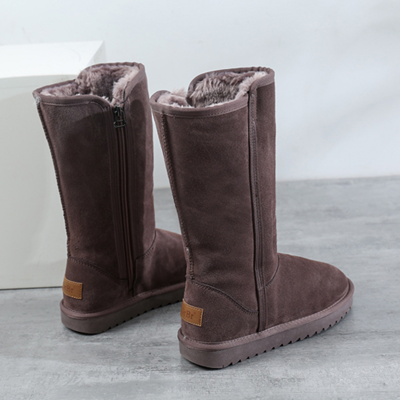 牛皮加绒加厚雪地靴女高筒侧拉链