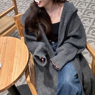 蕾朵原版 女秋冬宽松显瘦外套大衣 韩系慵懒风连帽长款 过膝针织开衫