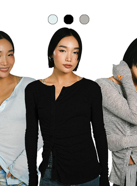 王润SOHANA2024秋季新款 复古纽扣贴身显身材辣妹长袖打底T恤