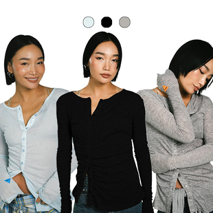 王润SOHANA2024秋季新款 复古纽扣贴身显身材辣妹长袖打底T恤