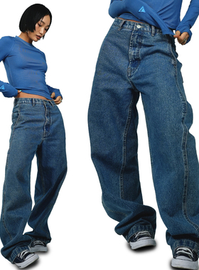 王润SOHANA2023春季新款设计款经典港式复古做旧高腰阔腿牛仔裤女