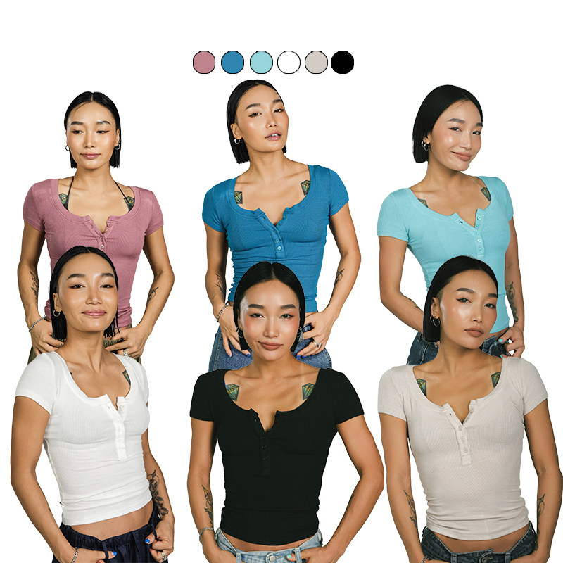 王润SOHANA2024夏季美式辣妹复古基础款纽扣弹力显瘦短袖T恤小众