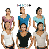 纽扣弹力显瘦短袖 辣妹复古基础款 T恤小众 美式 王润SOHANA2024夏季