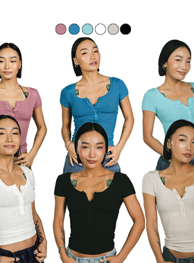 王润SOHANA2024夏季美式辣妹复古基础款纽扣弹力显瘦短袖T恤小众