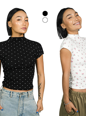 王润SOHANA24碎花波点法式经典小高领优雅辣妹显瘦纯欲大弹力T恤