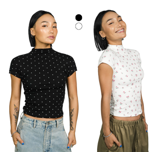 王润SOHANA24碎花波点法式 小高领优雅辣妹显瘦纯欲大弹力T恤 经典