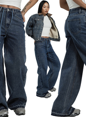 王润SOHANA2023秋冬新款水洗柔软舒适直筒牛仔裤女美式复古裤子宽