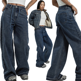 王润SOHANA2023秋冬新款水洗柔软舒适直筒牛仔裤女美式复古裤子宽