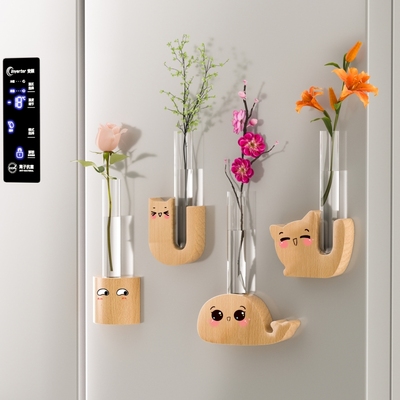 创意冰箱贴水培玻璃试管花瓶磁吸可插鲜花水养植物木质底容器装饰