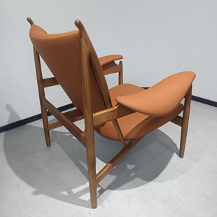 轻奢复古酋长椅沙发椅 意式真皮休闲椅客厅阳台单人实木酋长椅