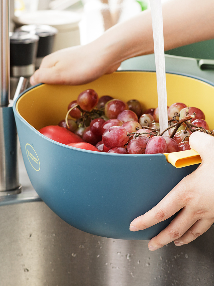 Washing basin Drain basket artifact Household Nordic living room fruit plate Kitchen basket Fruit basket water filter double fruit basin