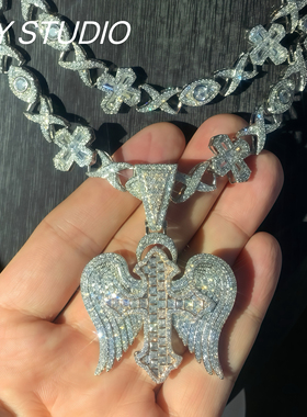 欧美新款嘻哈夜店十字架吊坠翅膀锆石交叉结项链个性潮流搭配现货