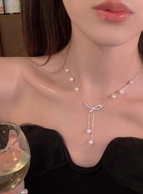 ins项链女2024年新款蝴蝶结珍珠流苏锁骨链气质百搭小众配饰饰品
