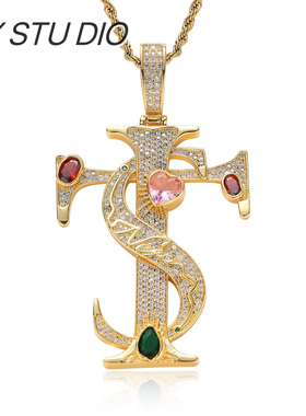 艾志恒同款十字架吊坠彩色锆石项链甜酷 毛衣项链男生项链高级感