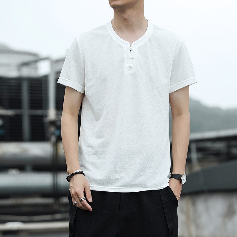 SUMMER CHINESE STYLE LINEN SHORT SLEEVE T-SHIRT RETRO TREND YOUTH HALF-SLEEVED BASE DRESS TIDE MENS COTTON AND LINEN SHIRT