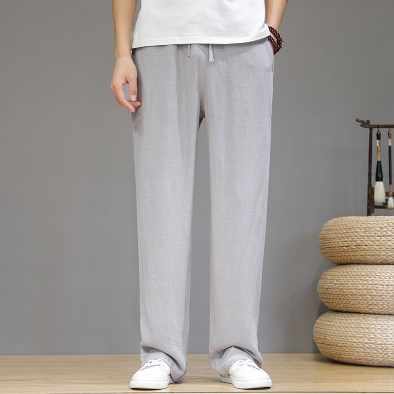 여름 얇은 린넨 바지 남성 중국 스타일의 느슨한 드레이프 코튼과 린넨 통기성 스트레이트 캐주얼 바지 복고풍 바지