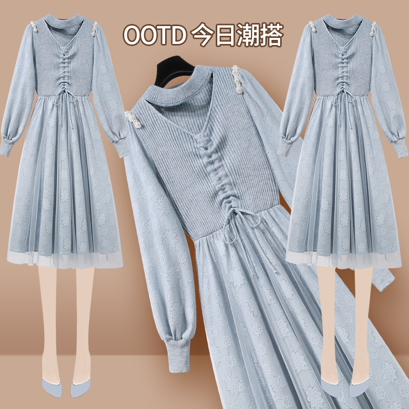 2022早春季新款女装蓝色秋冬打底法式小众设计公主长裙蕾丝连衣裙