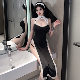 性感变装cosplay修女制服高开叉蕾丝连衣裙镂空露背主播装暗黑系